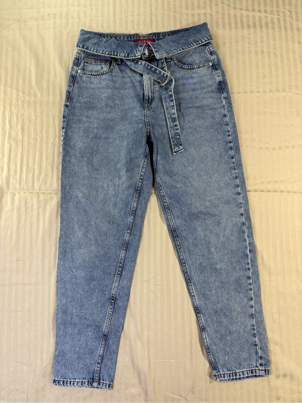 Guess Reda Fold Over High Waist Straight Leg Jeans Belted Medium Wash Size 28